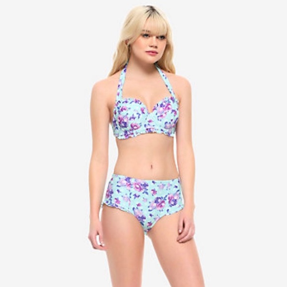 BLUE FLORAL POLKA DOT RUFFLE SWIM TOP Hot Topic - Picture 1 of 5